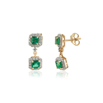 Emerald & Diamond Halo Drop Earrings