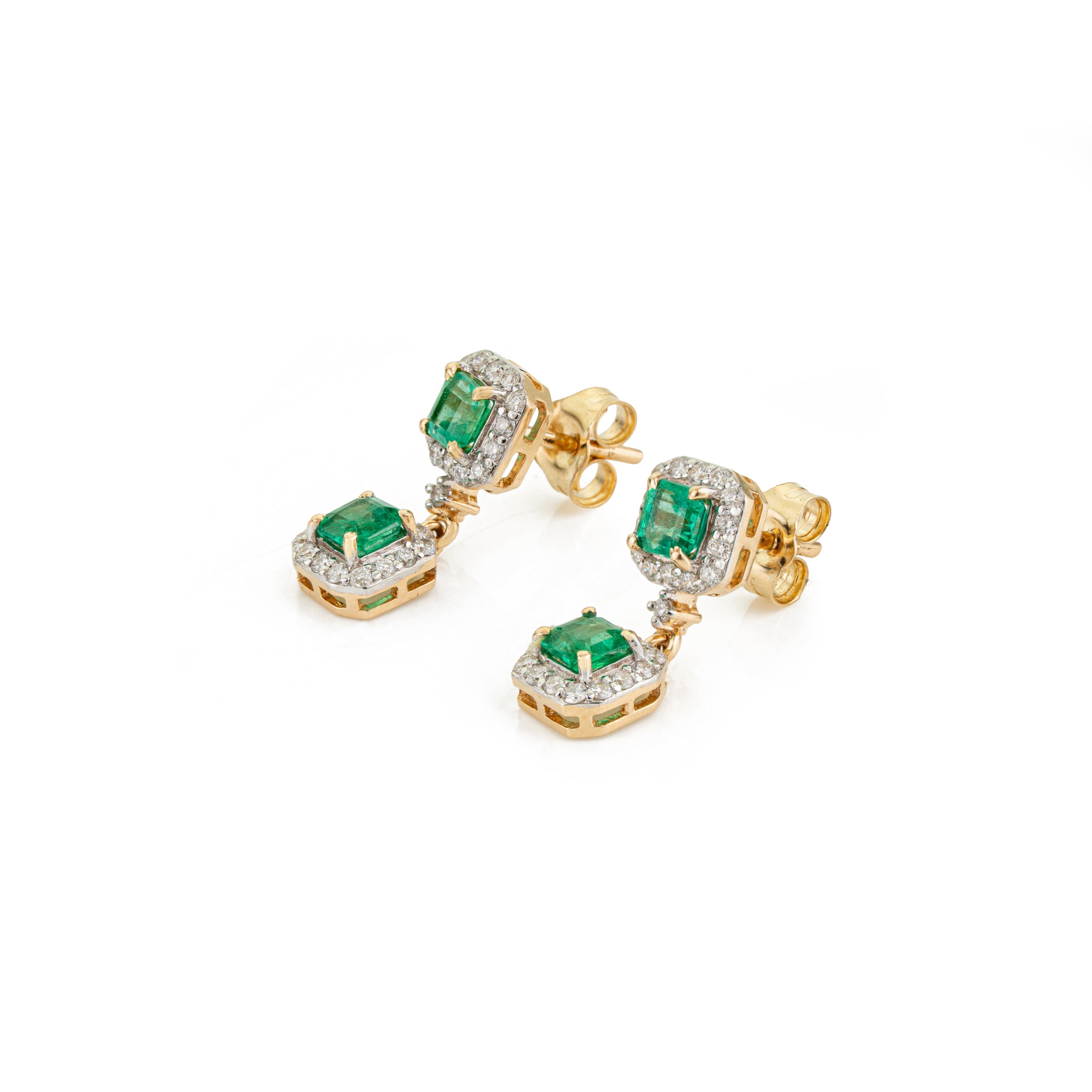 Emerald & Diamond Halo Drop Earrings