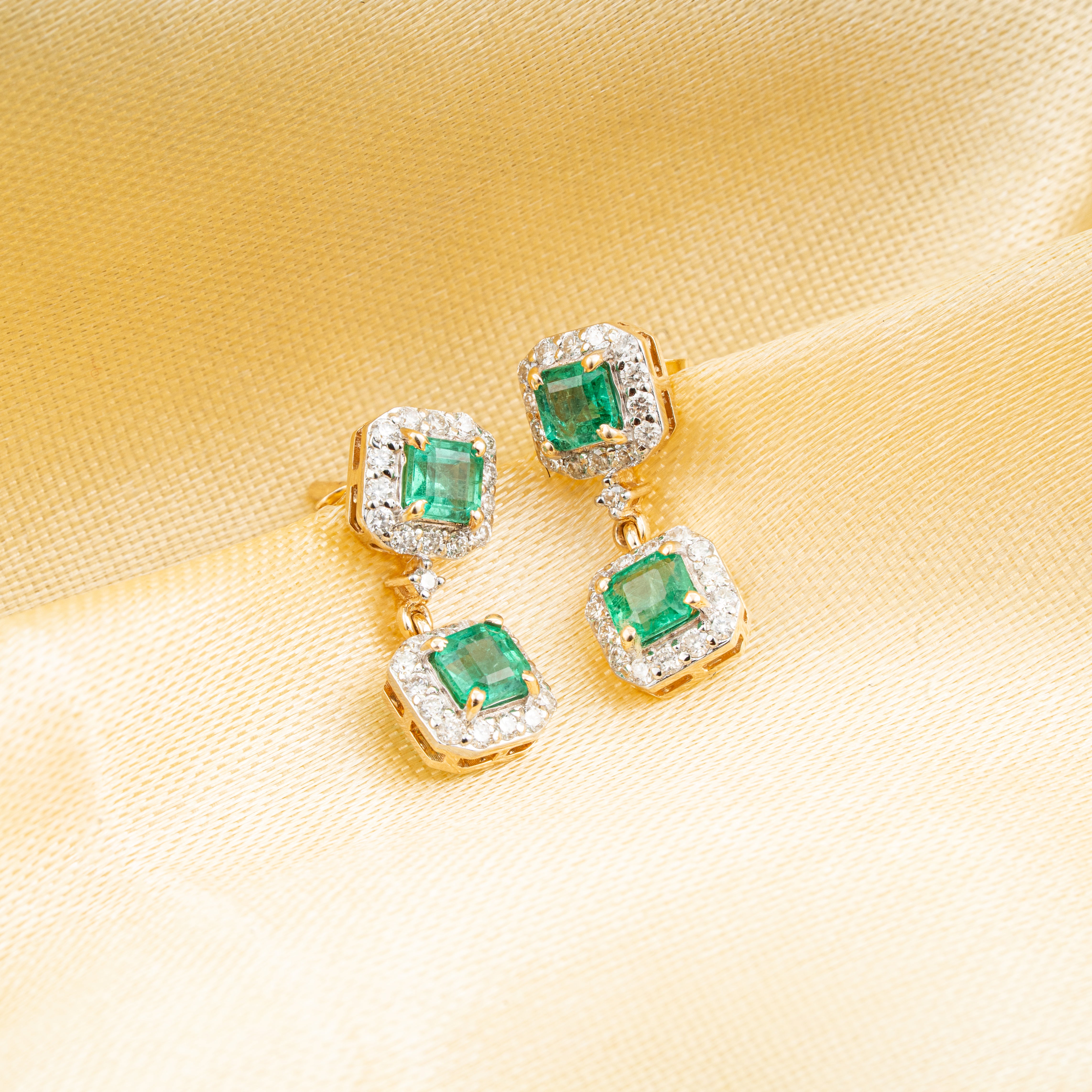 Emerald & Diamond Halo Drop Earrings