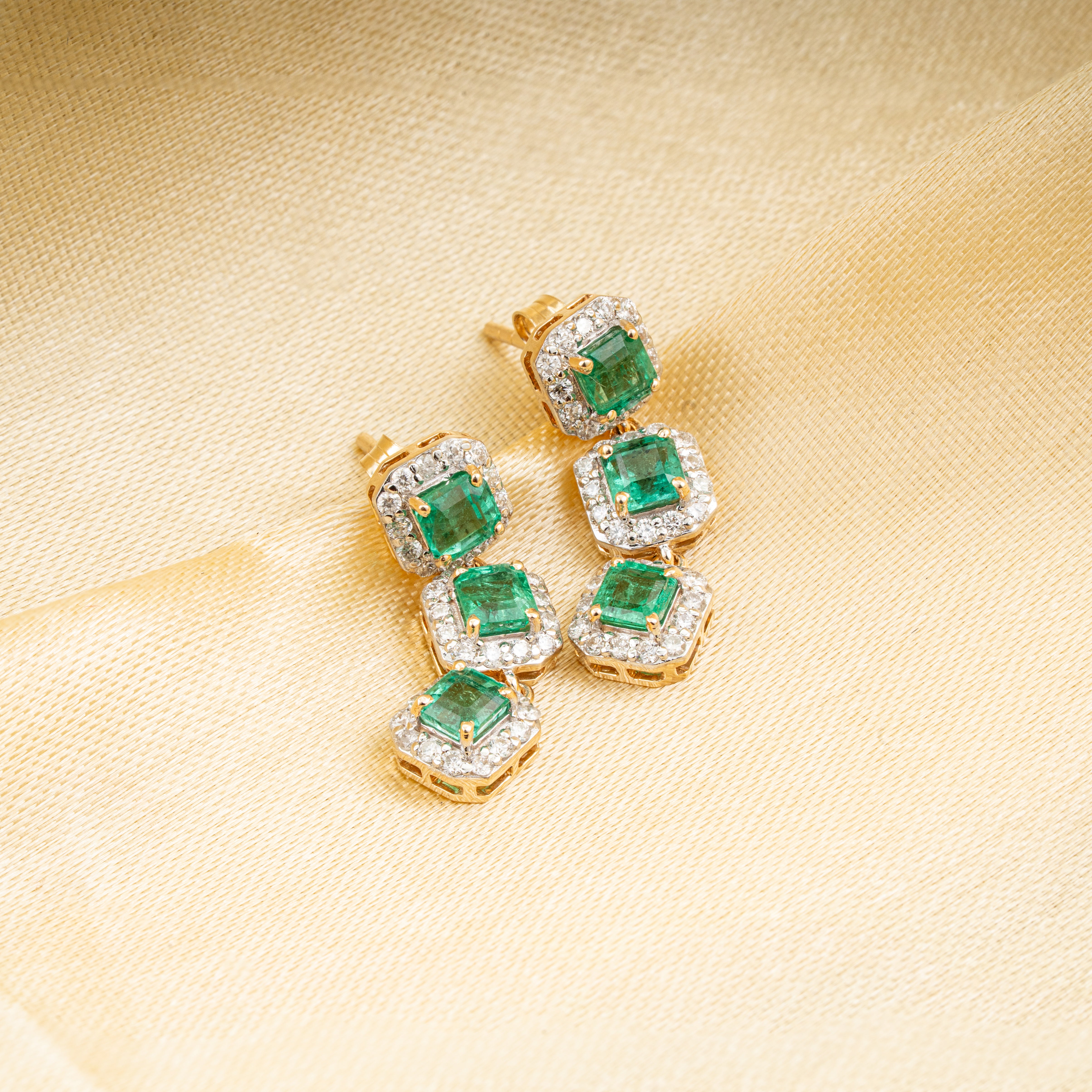 Emerald Diamond Triple Drop Earrings