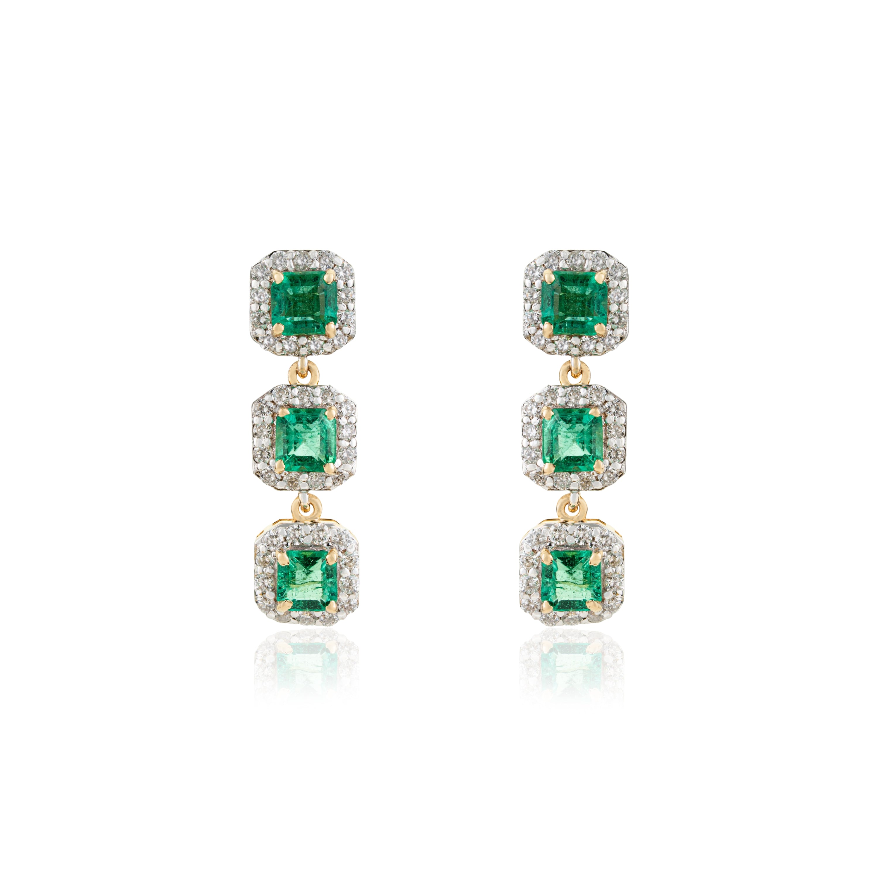 Emerald Diamond Triple Drop Earrings