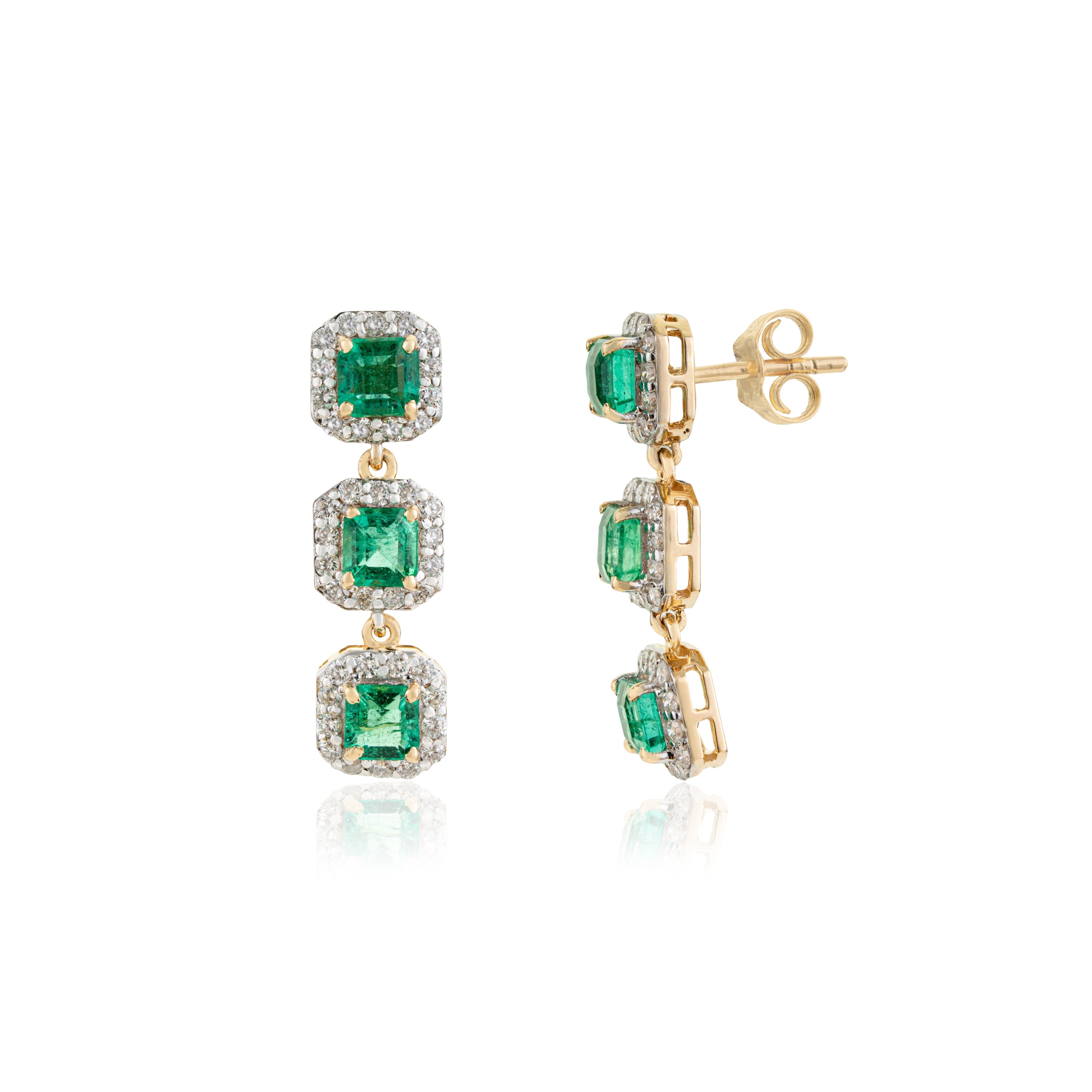 Emerald Diamond Triple Drop Earrings