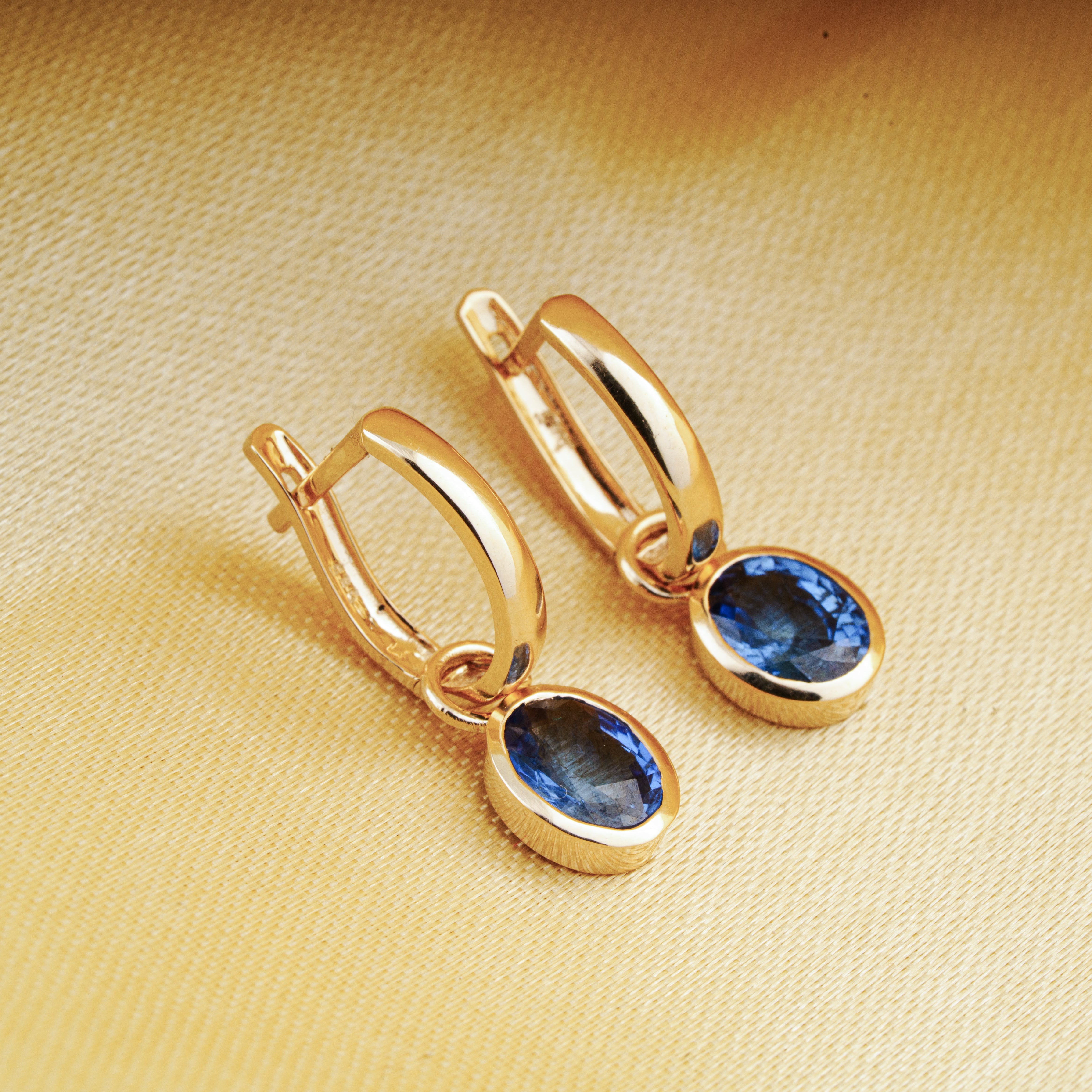 Blue Sapphire Drop Hoop Earrings