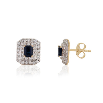Emerald Cut Blue Sapphire Diamond Earrings
