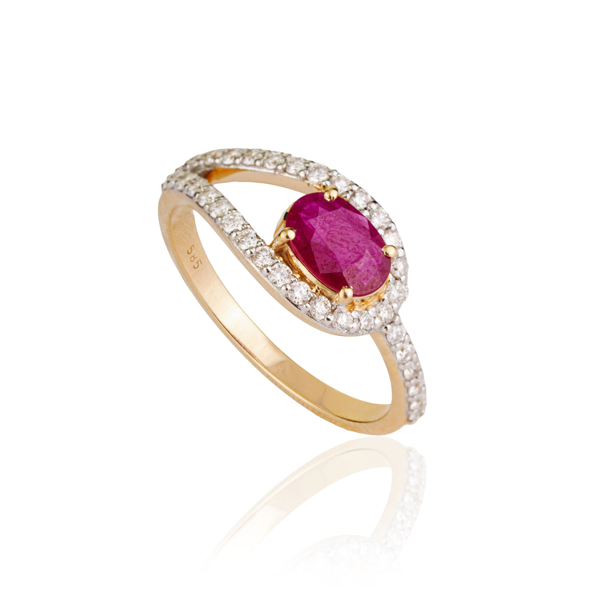 14K yellow gold ring featuring an oval-cut natural ruby surrounded by a sparkling diamond halo with a diamond-accented band on a white background.