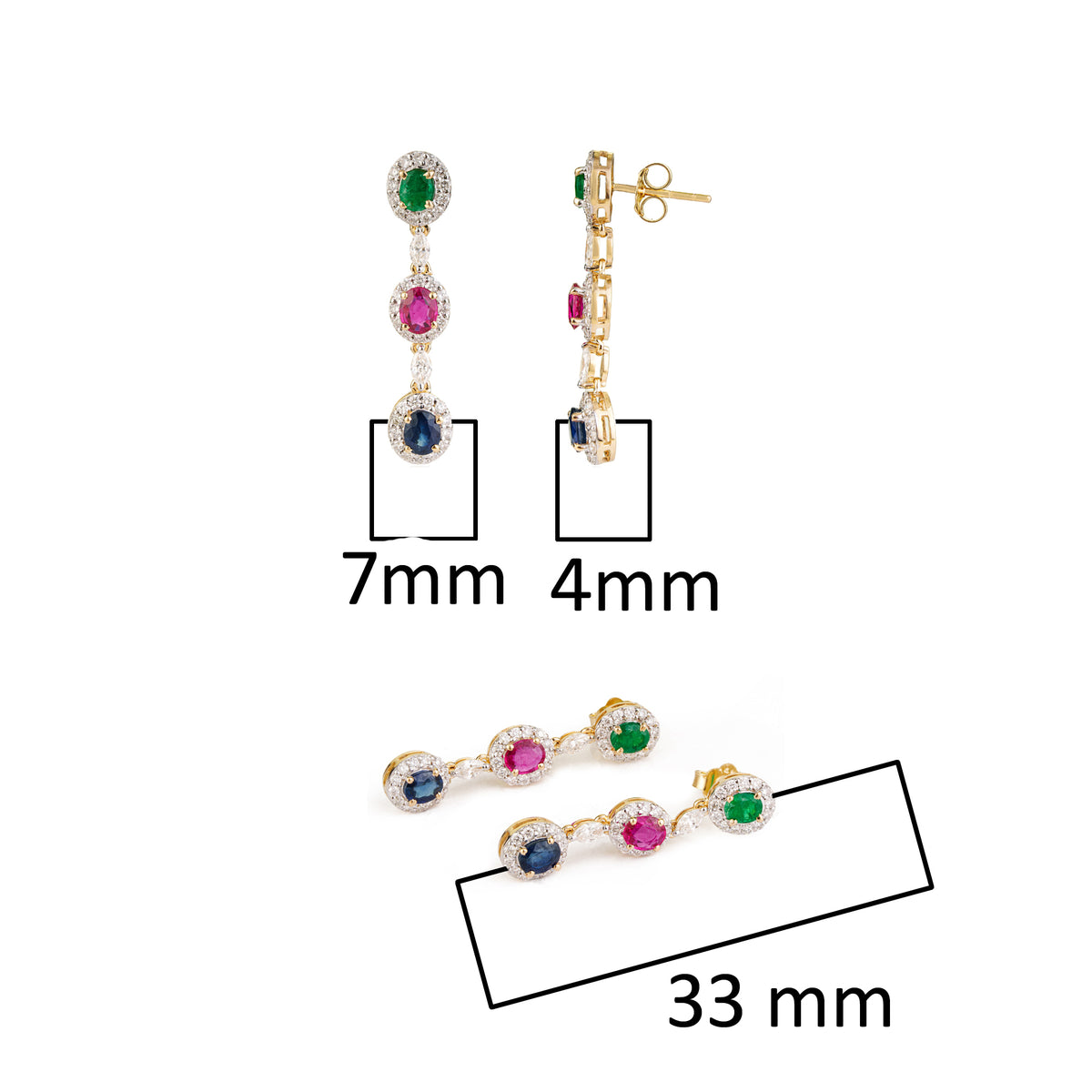 Emerald Ruby Sapphire Drop Earrings