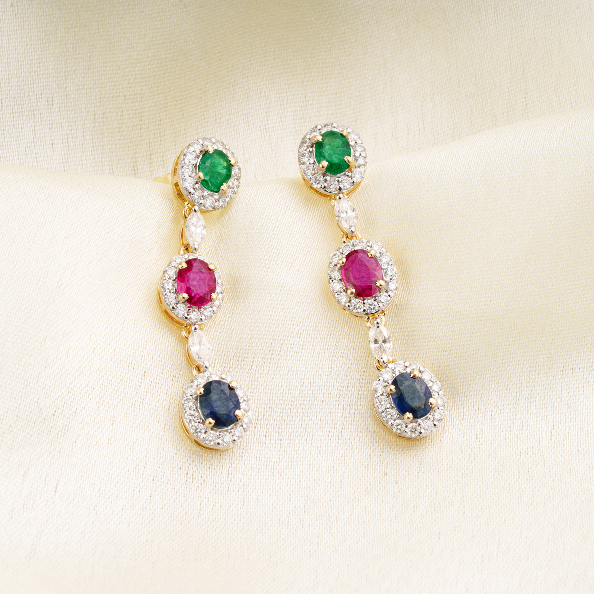 Emerald Ruby Sapphire Drop Earrings
