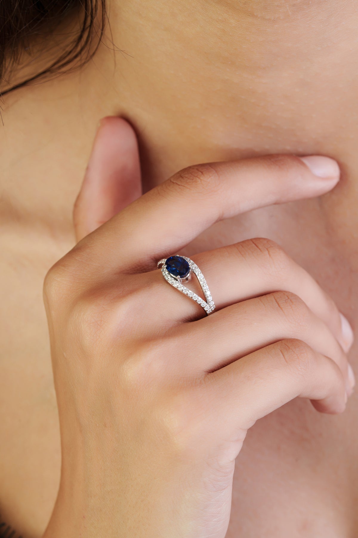 Blue Sapphire Diamond Split Shank Ring