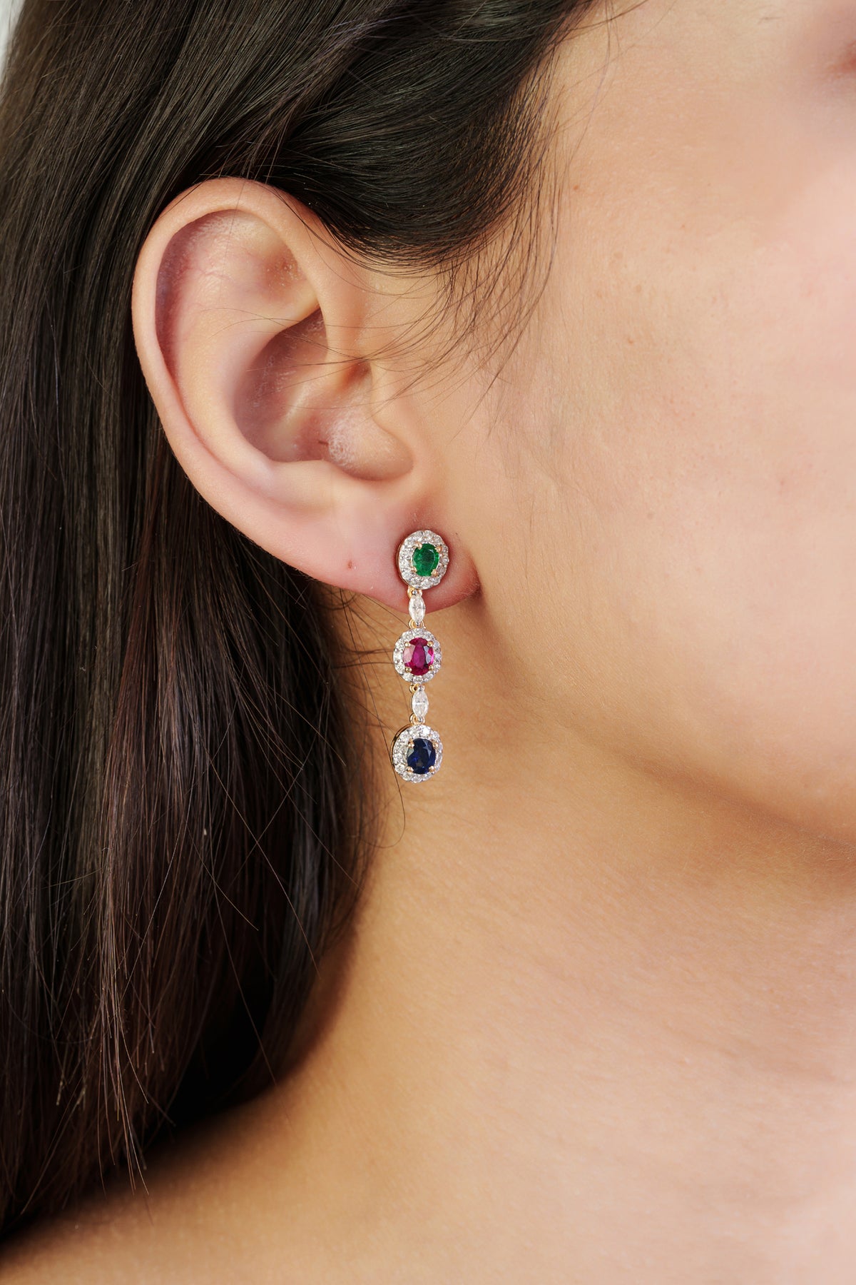 Emerald Ruby Sapphire Drop Earrings