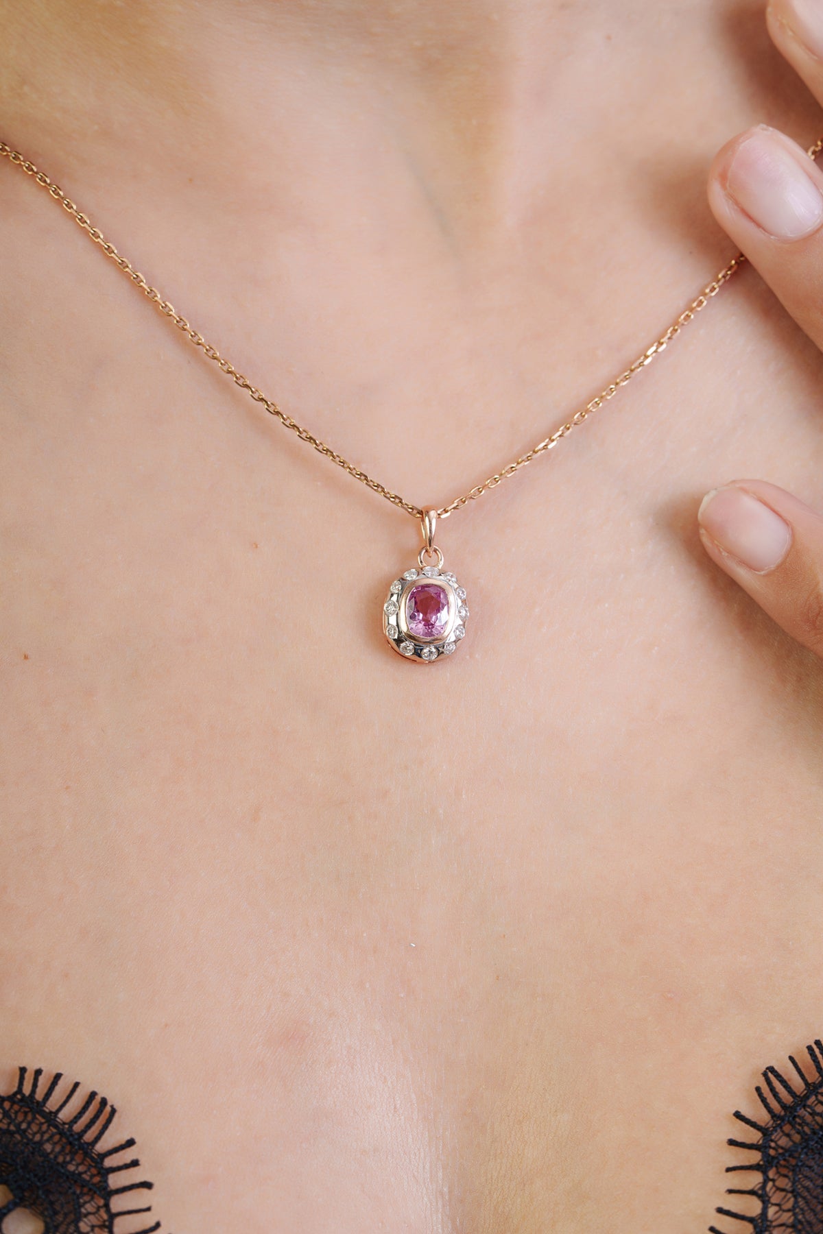 Pink Sapphire Diamond Halo Pendant
