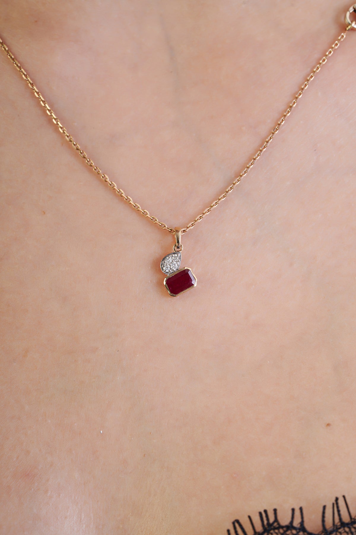 Natural Emerald Cut Ruby Diamond Pendant