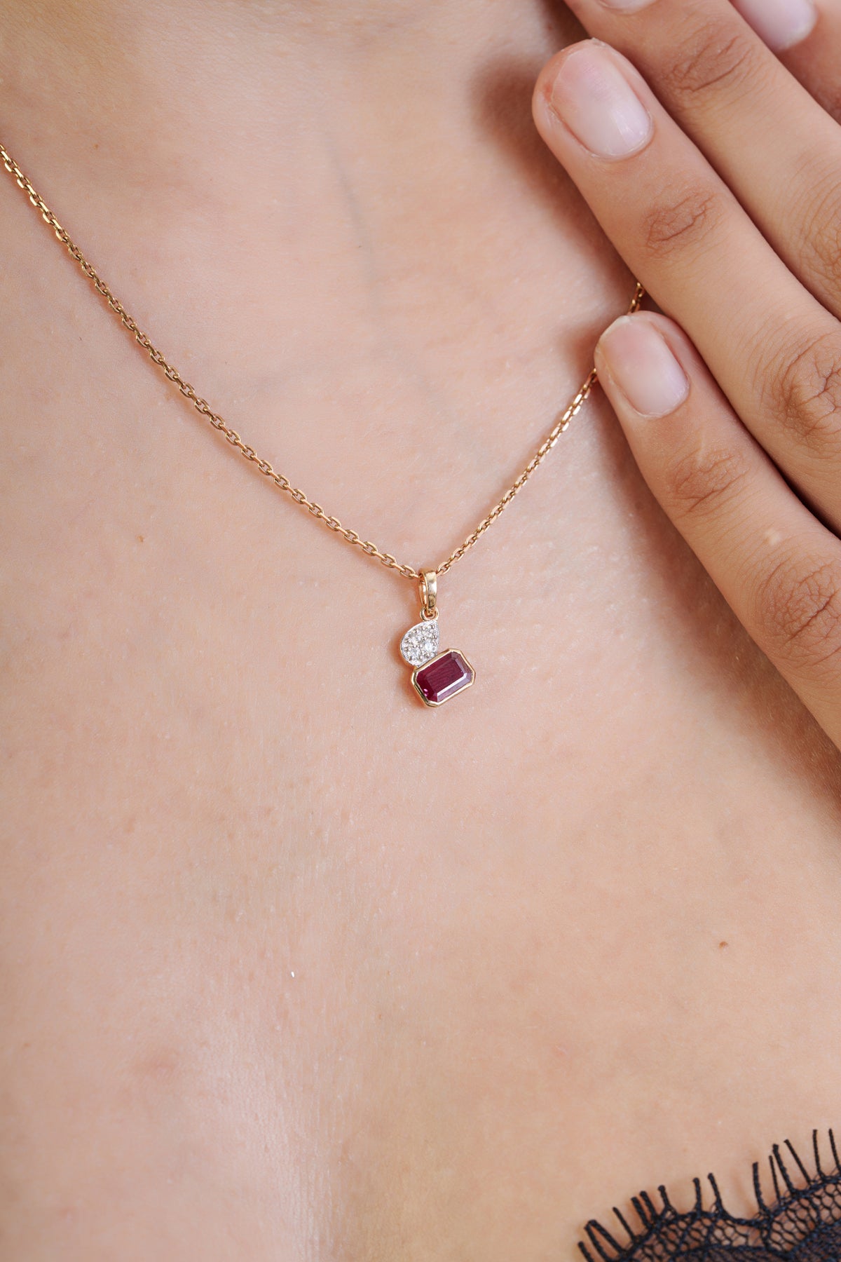 Natural Emerald Cut Ruby Diamond Pendant