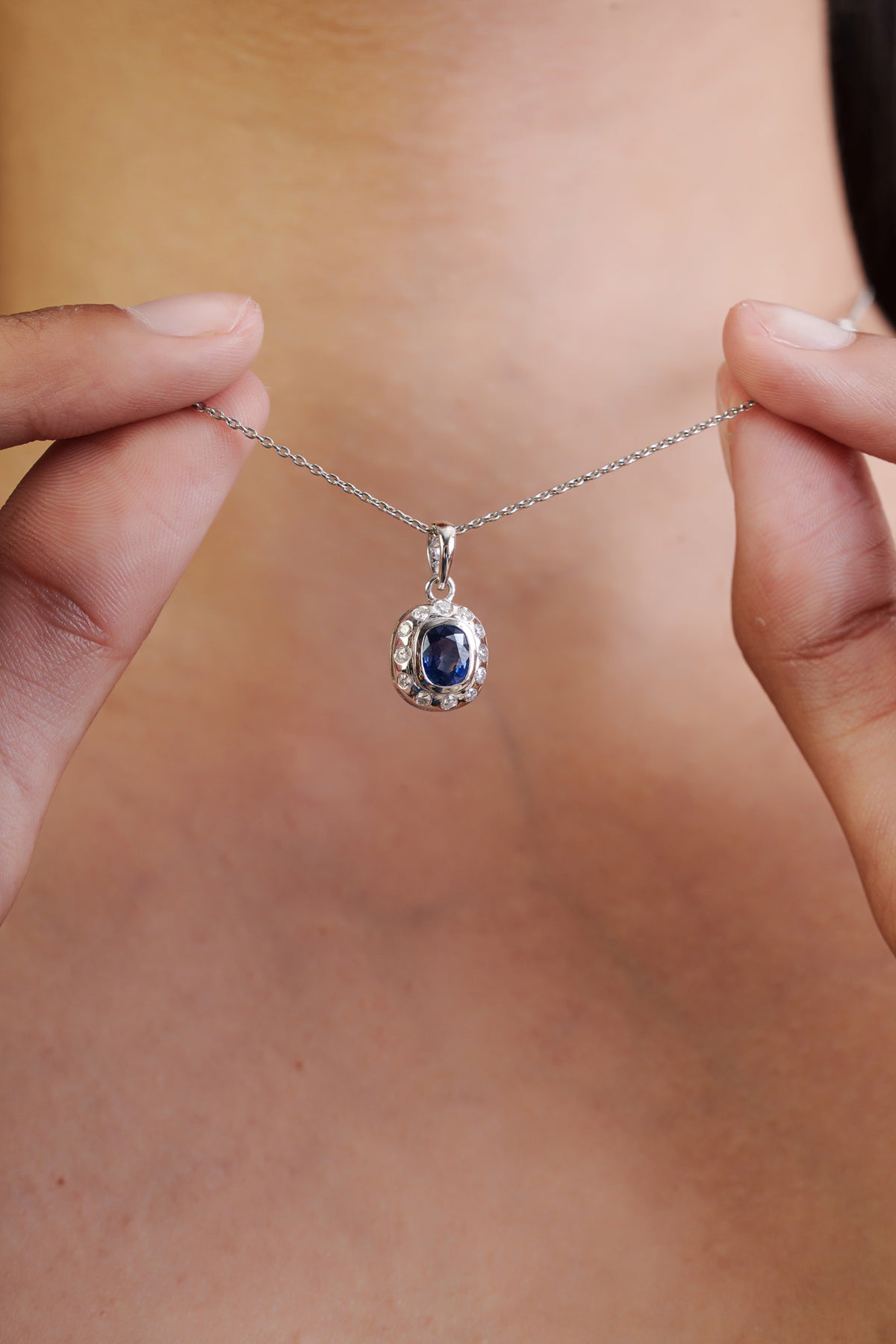Blue Sapphire Diamond Halo Pendant