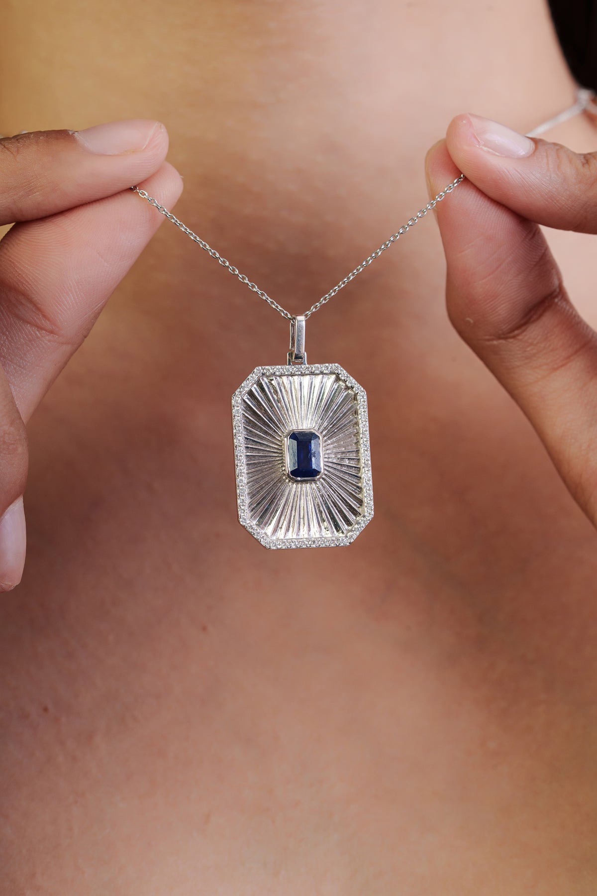 Blue Sapphire Diamond Halo Pendant