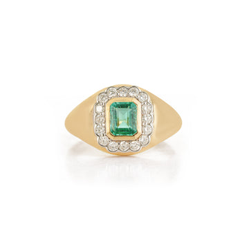 Emerald Diamond Halo Signet Ring