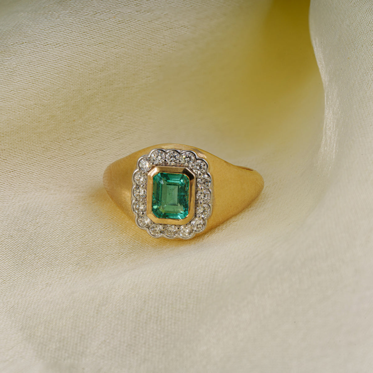 Emerald Diamond Halo Signet Ring