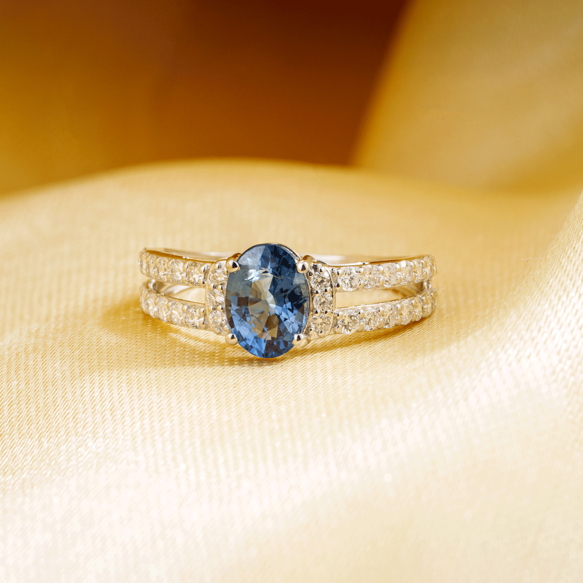 Blue Sapphire Diamond Split Shank Ring