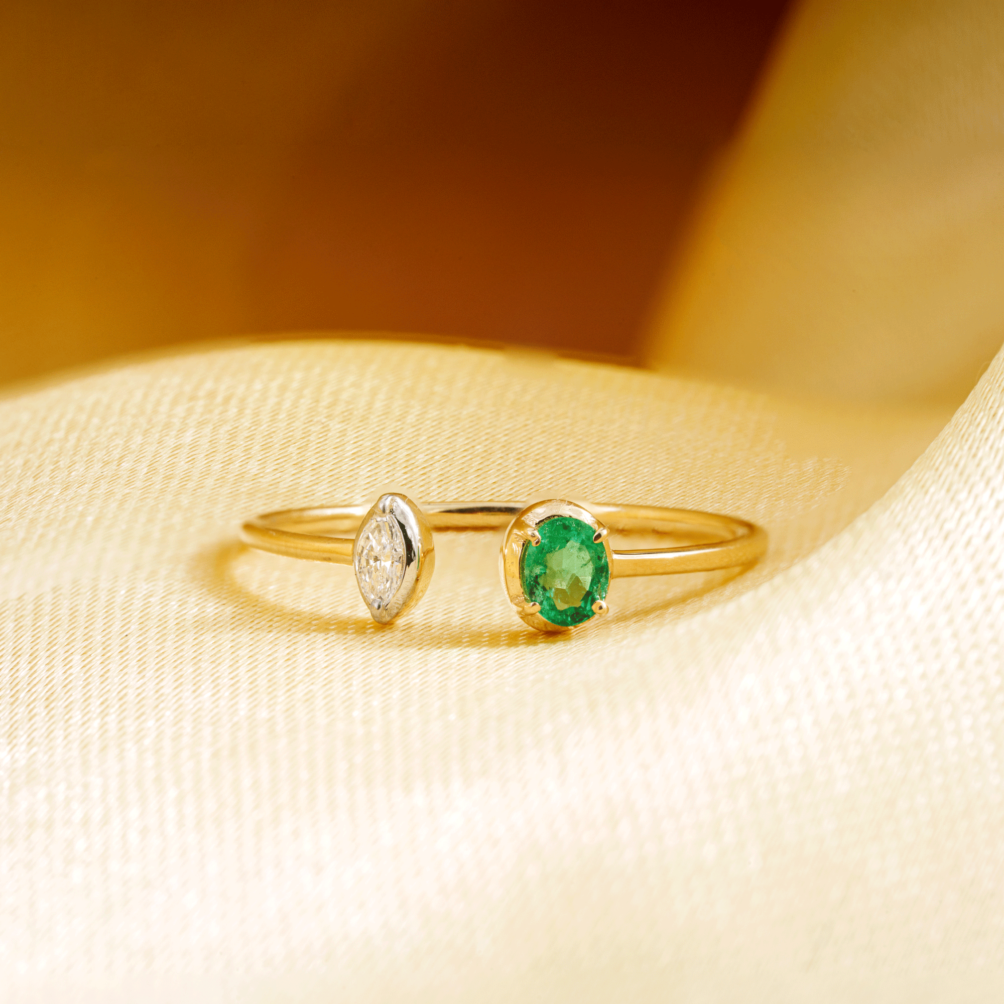 Emerald & Marquise Diamond Open Ring