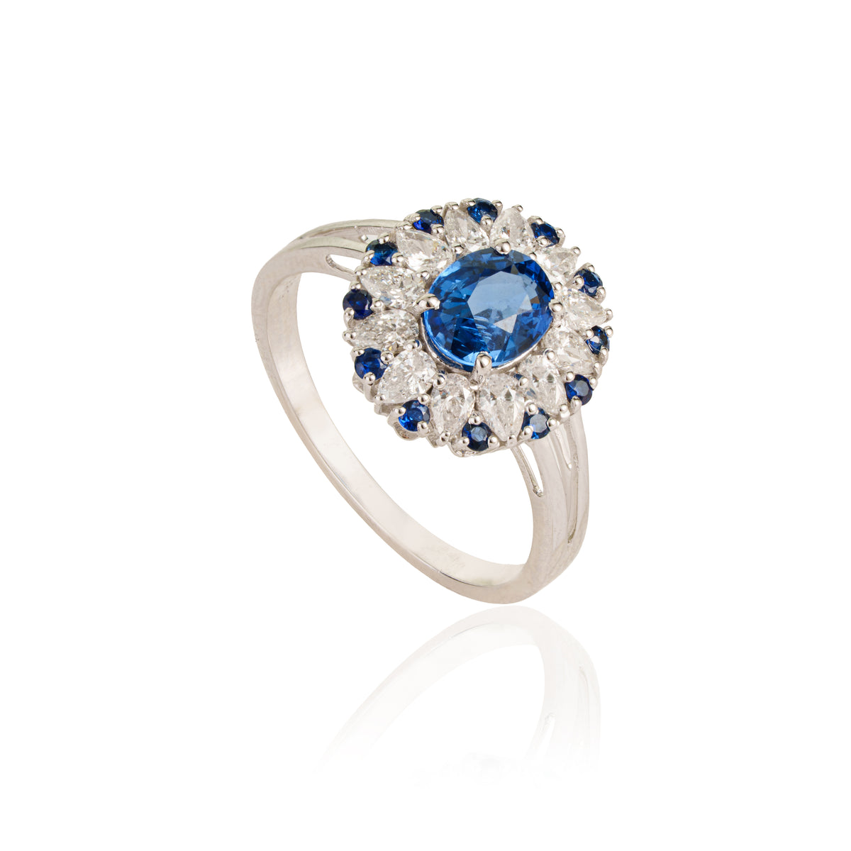 Blue Sapphire & Diamond Halo Ring