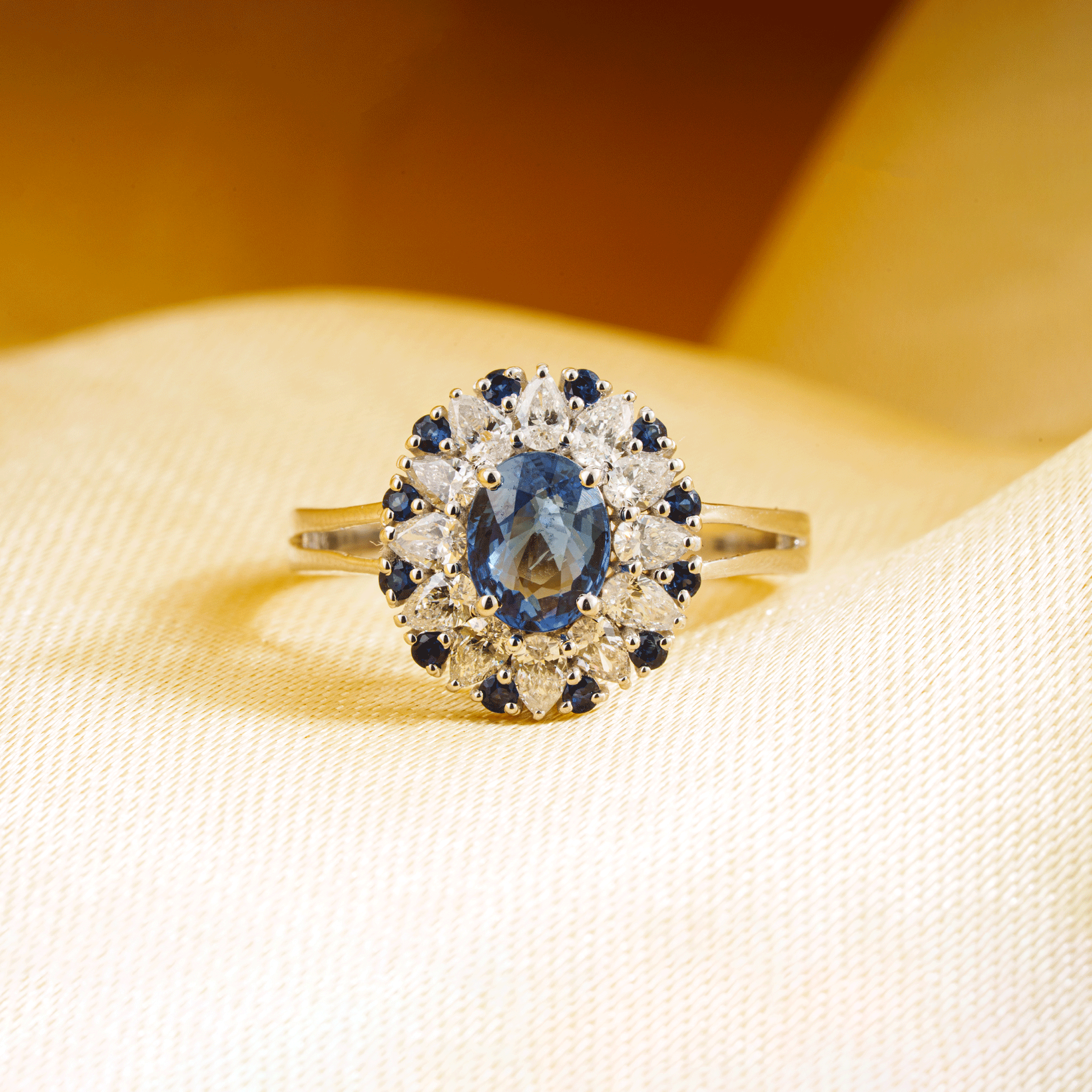Blue Sapphire & Diamond Halo Ring
