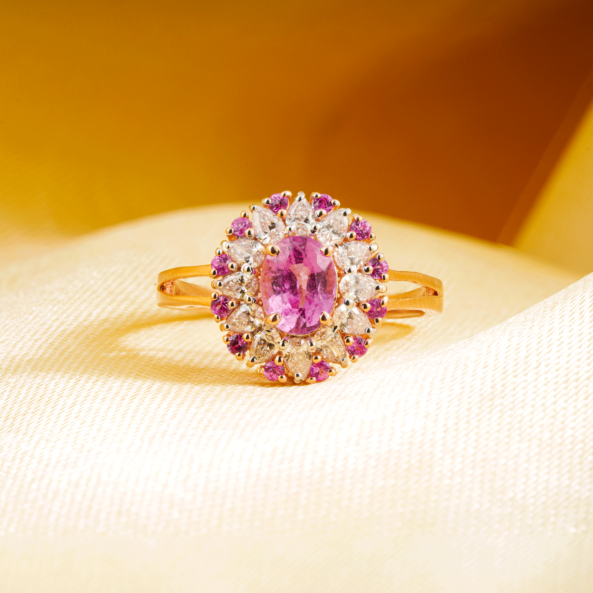 Pink Sapphire & Diamond Halo Ring