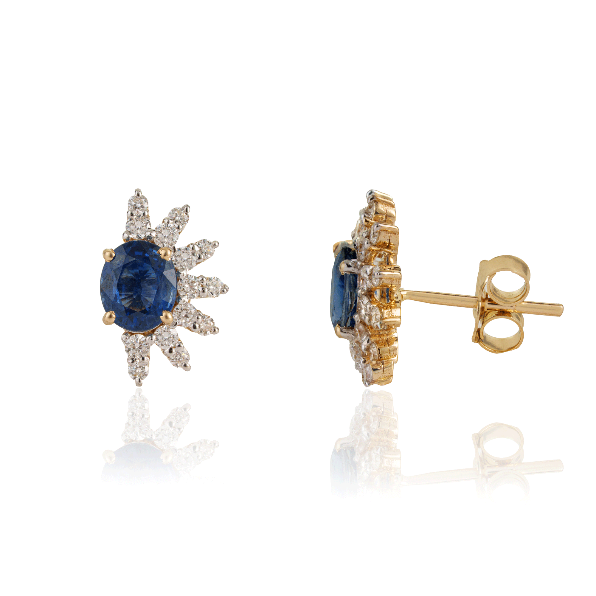 Blue Sapphire Diamond Sunburst Stud Earrings