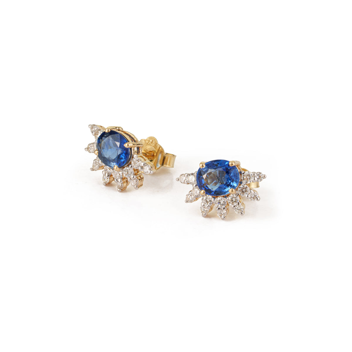 Blue Sapphire Diamond Sunburst Stud Earrings