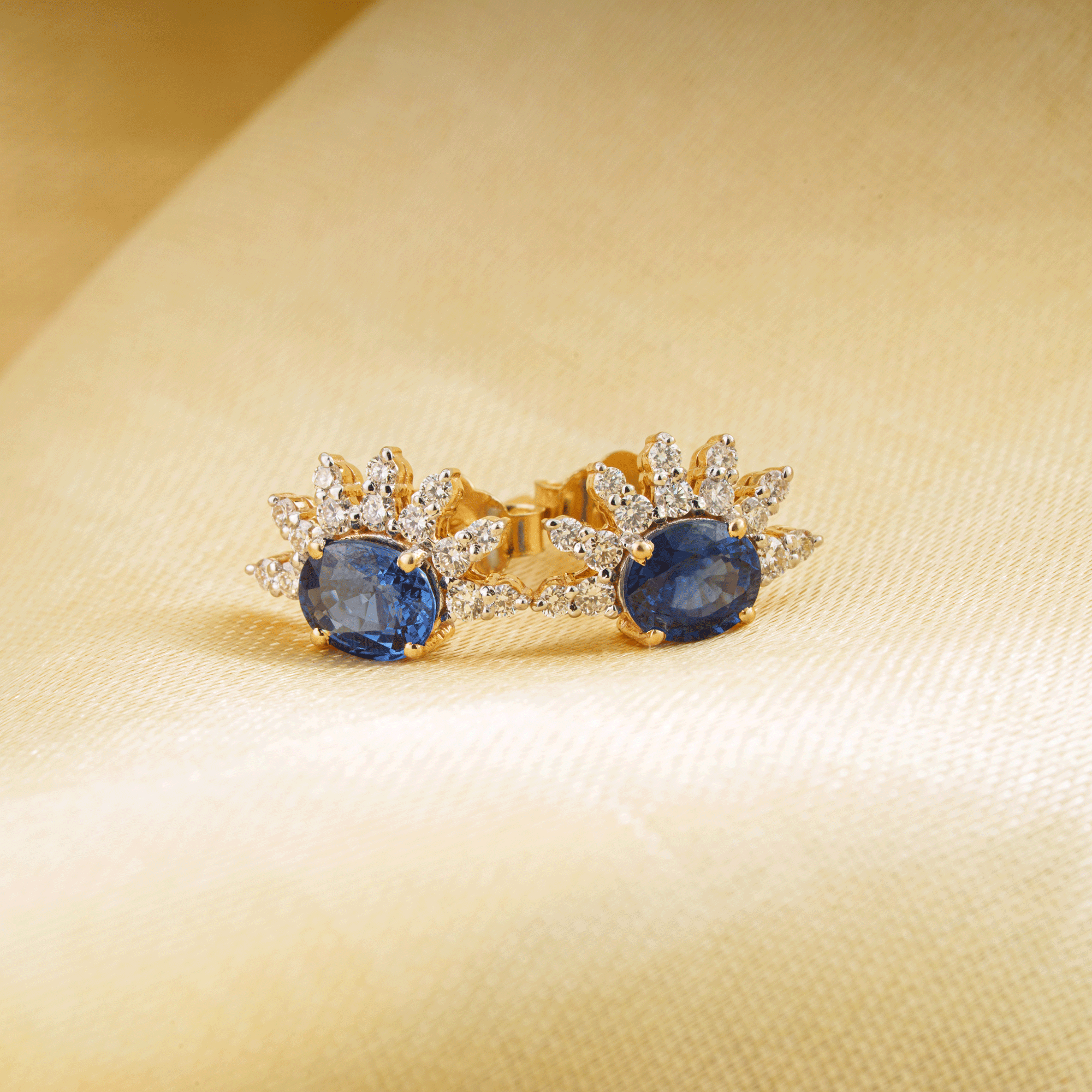 Blue Sapphire Diamond Sunburst Stud Earrings