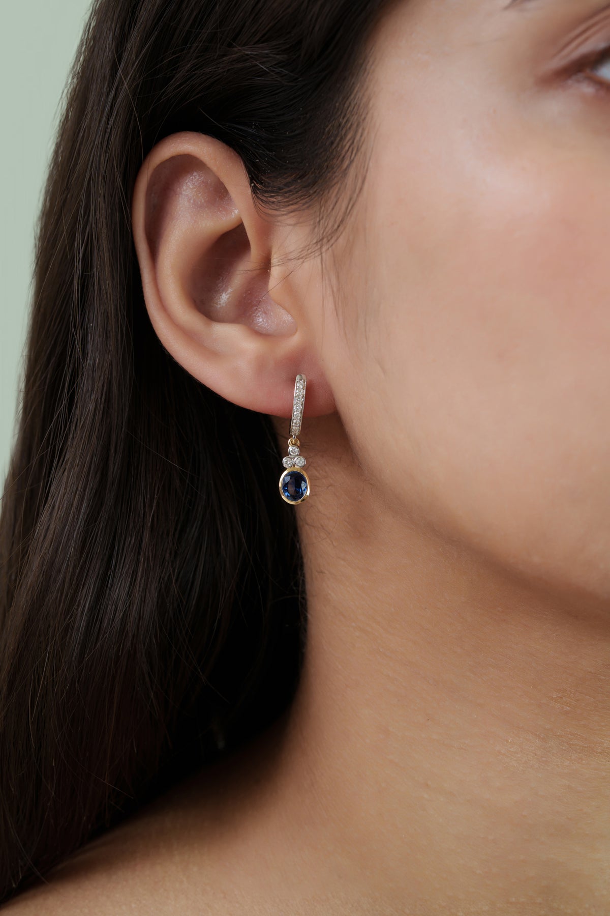 Blue Sapphire Diamond Drop Hoop Earrings