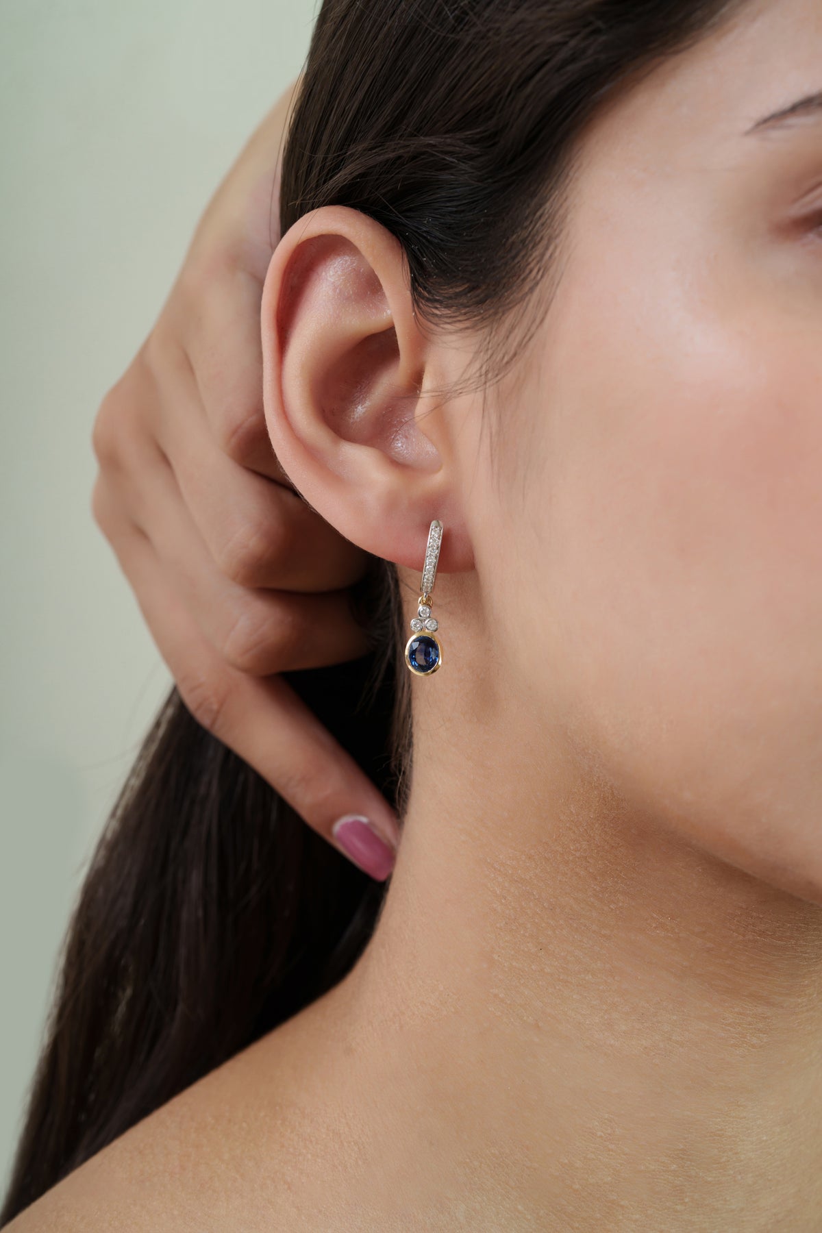 Blue Sapphire Diamond Drop Hoop Earrings